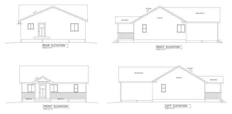 Front, rear, left and right exterior elevations of a single-story ranch home showing the new addition, covered front porch and deck