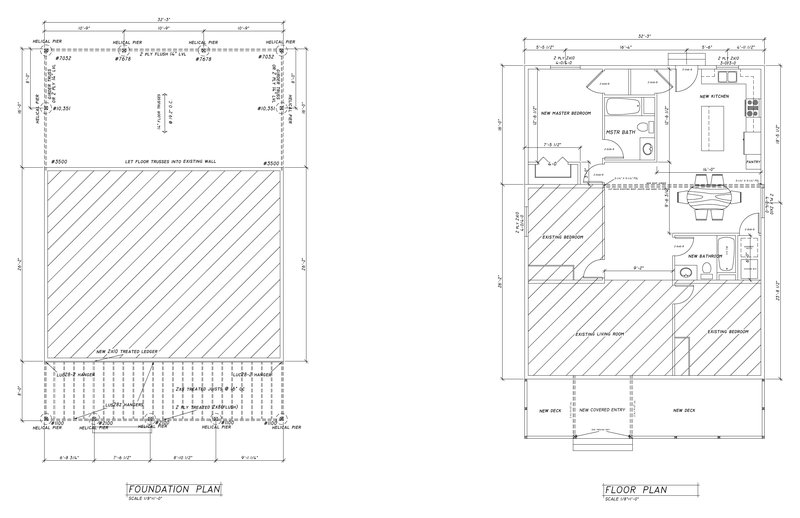 Foundation plan with helical piers and floor trusses, alongside the main floor plan showing new and existing rooms