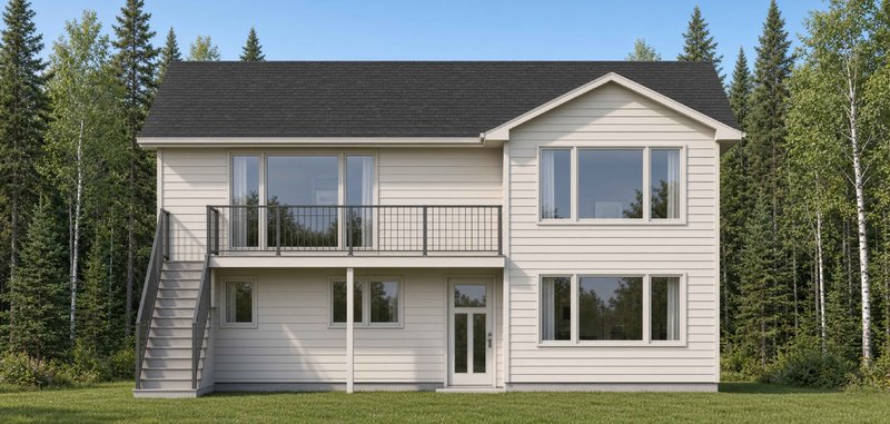 Color rendering of a two-story lake home with light siding, large windows, an upper deck and exterior stairs