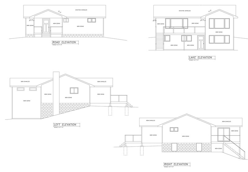 Four exterior elevations of a lake home remodel showing new siding, shingles, decks and stairs