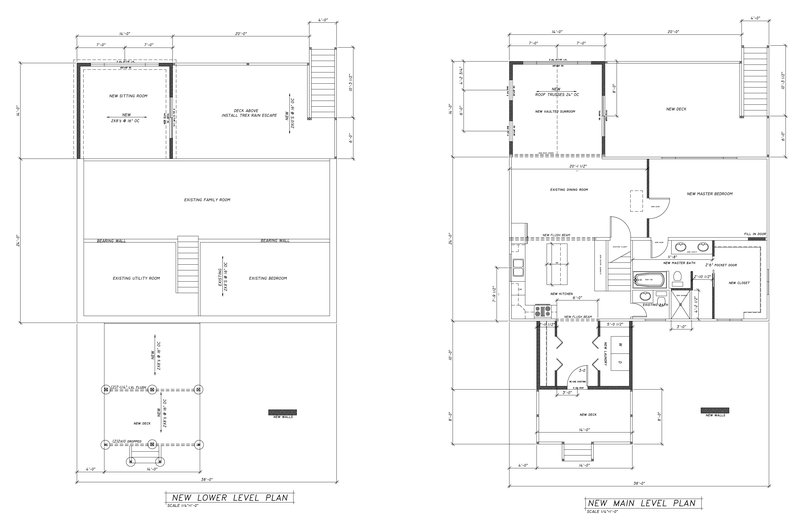 New lower level and main level floor plans for a lake home remodel and addition