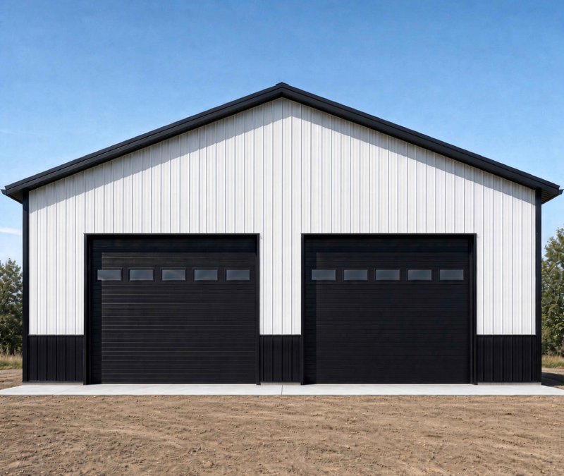 Color rendering of a white steel pole barn with black trim, black wainscot and two black overhead doors
