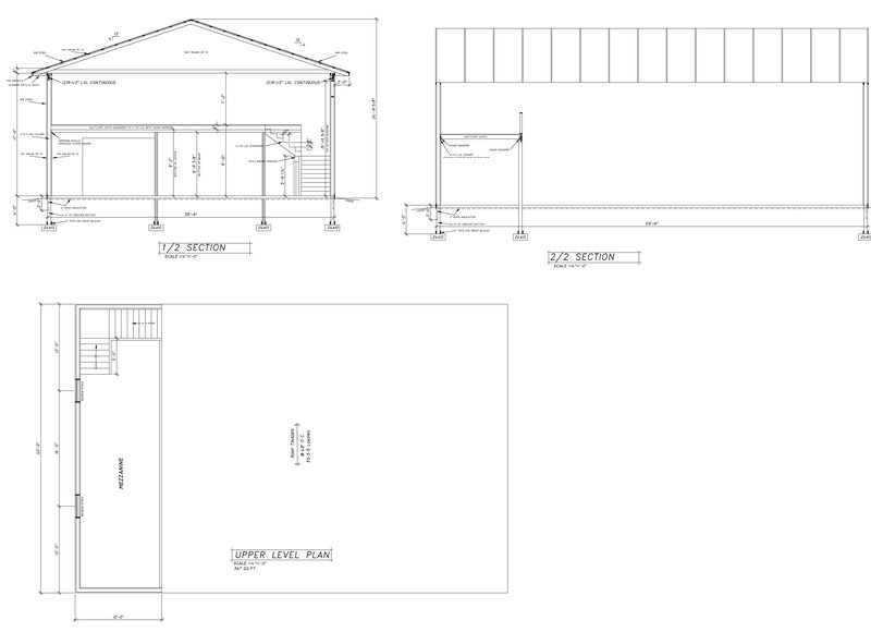 Two building sections of a pole barn and the upper level mezzanine plan