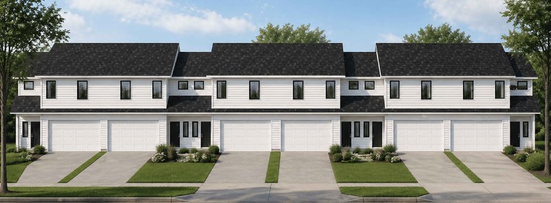 Color rendering of a two-story, six-unit townhome building with white lap siding, dark shingles, black windows, covered entries and an attached garage for each unit