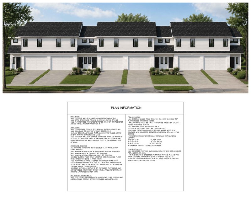 Plan set cover sheet with the color rendering of the townhome building above a table of plan notes covering insulation, drywall, doors and windows, framing and concrete