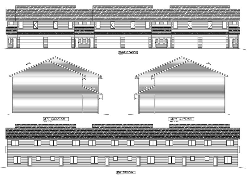 Front, left, right and rear exterior elevations of the six-unit townhome building showing lap siding, shingled roofs and garage doors