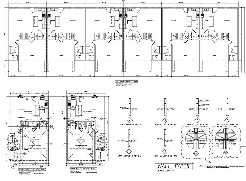 Overall main level plan of all six units with enlarged outside-unit and inside-unit plans showing living room, kitchen, bath, entry and garage, plus a wall types legend