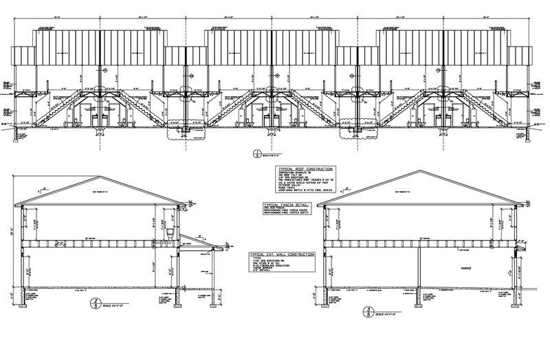 Longitudinal and cross sections through the townhome building showing floor trusses, stairs and foundation, with typical roof, fascia and exterior wall construction notes